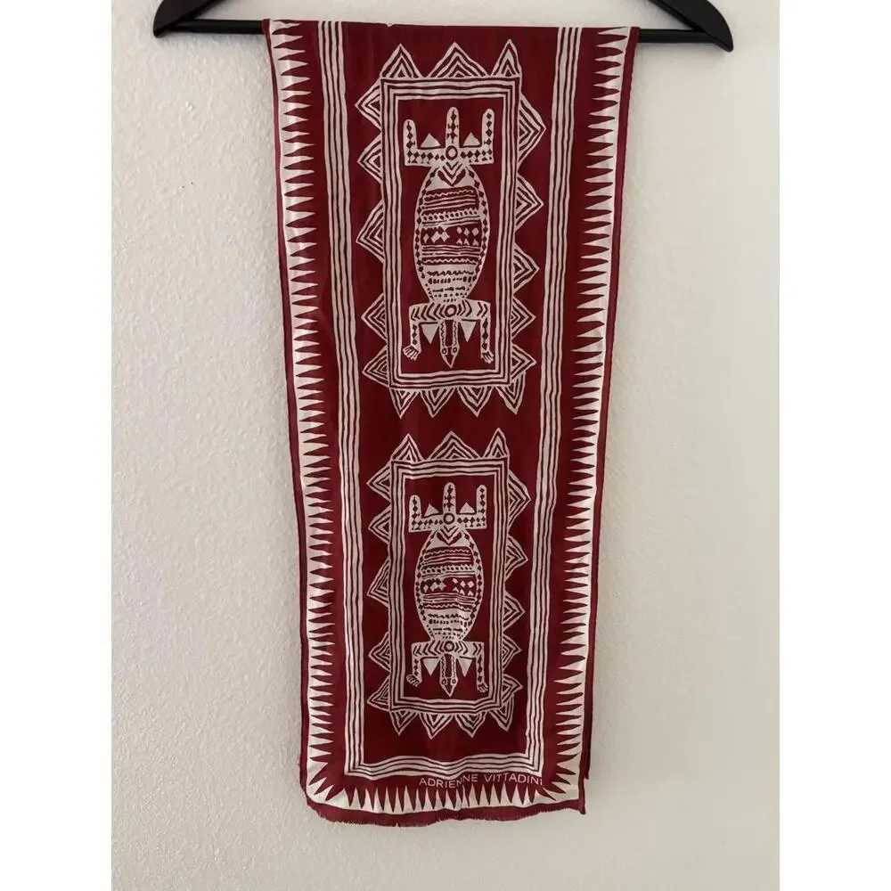 Adrienne Vittadini Tribal Print Scarf Red White Abstract 52x11” Vintage